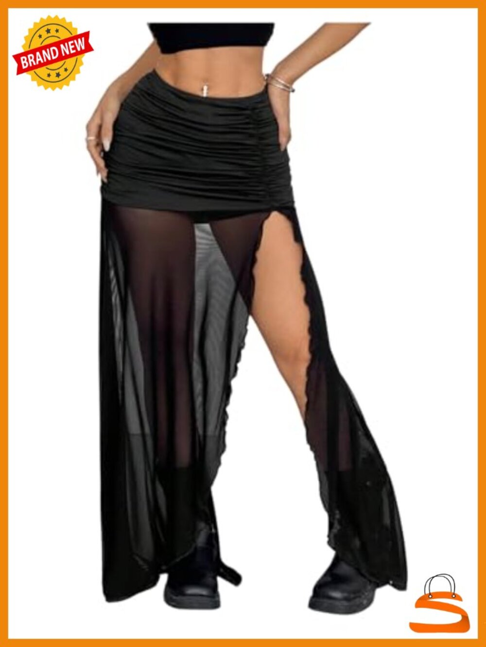Women's Goth Mesh Maxi Skirt High Slit Ruched Sheer Low Rise Bodycon Long Skirt